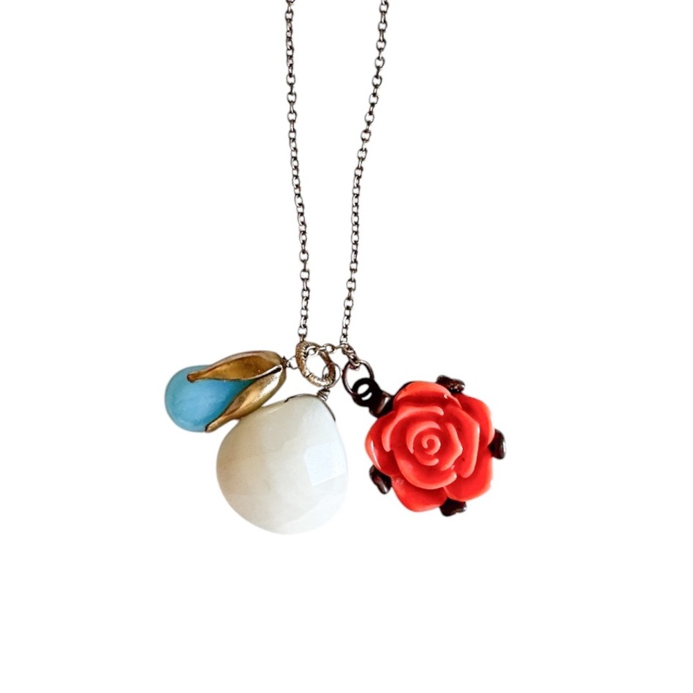Free People Charm Necklace w/Coral Rose, White Quartz Stone & Blue Bell Flower